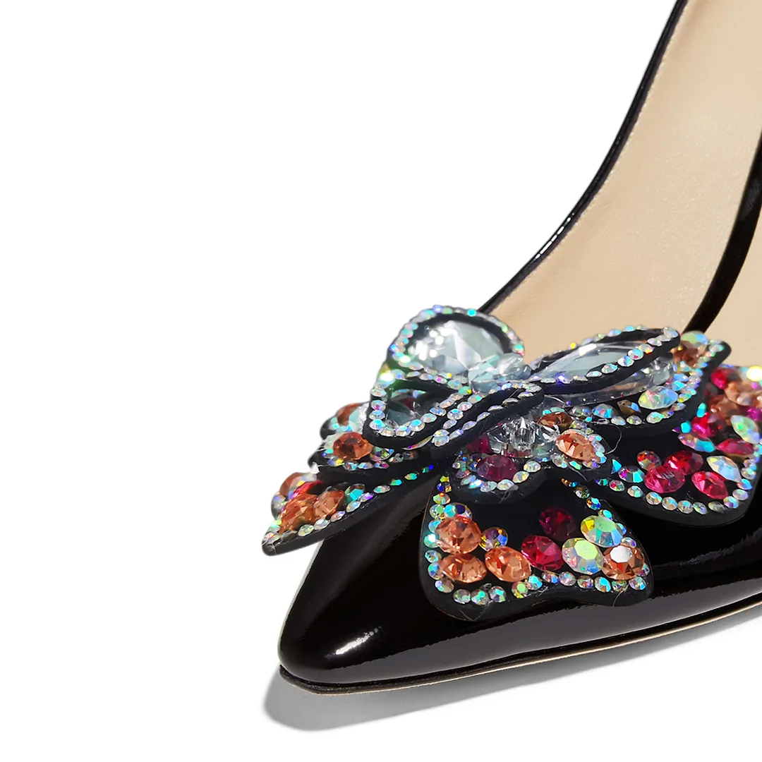 Black Patent Leather Pointed Toe Colorful Rhinestone Butterfly Pumps 