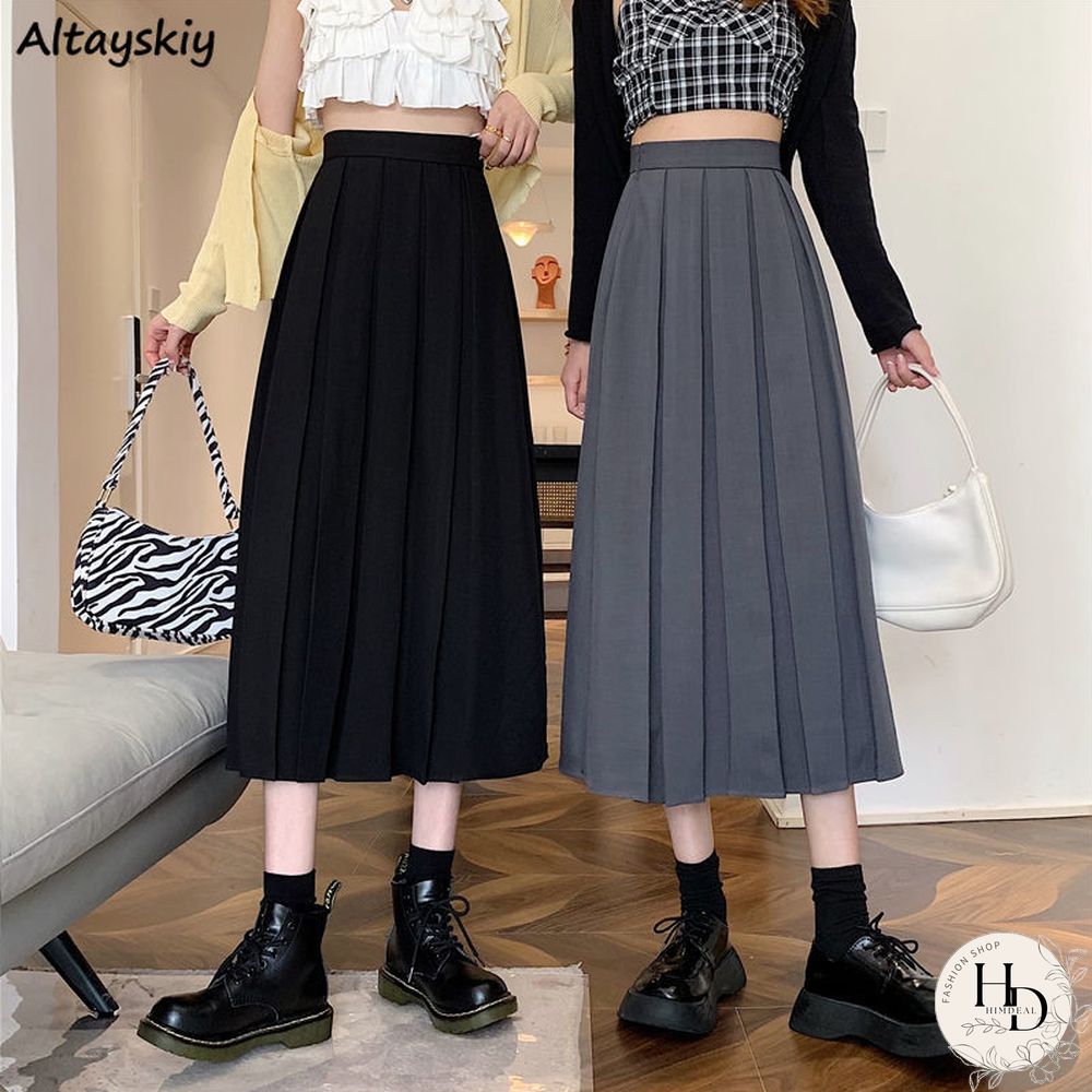 Long Skirts Women Pleated Chic Friend Basic Autumn College Girls Bottom All-Match Casual