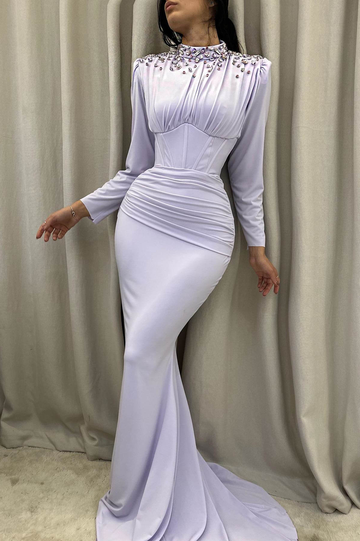 Chic Lilac High Neck Long Sleeves Mermaid Evening Gown With Beads Online - lulusllly