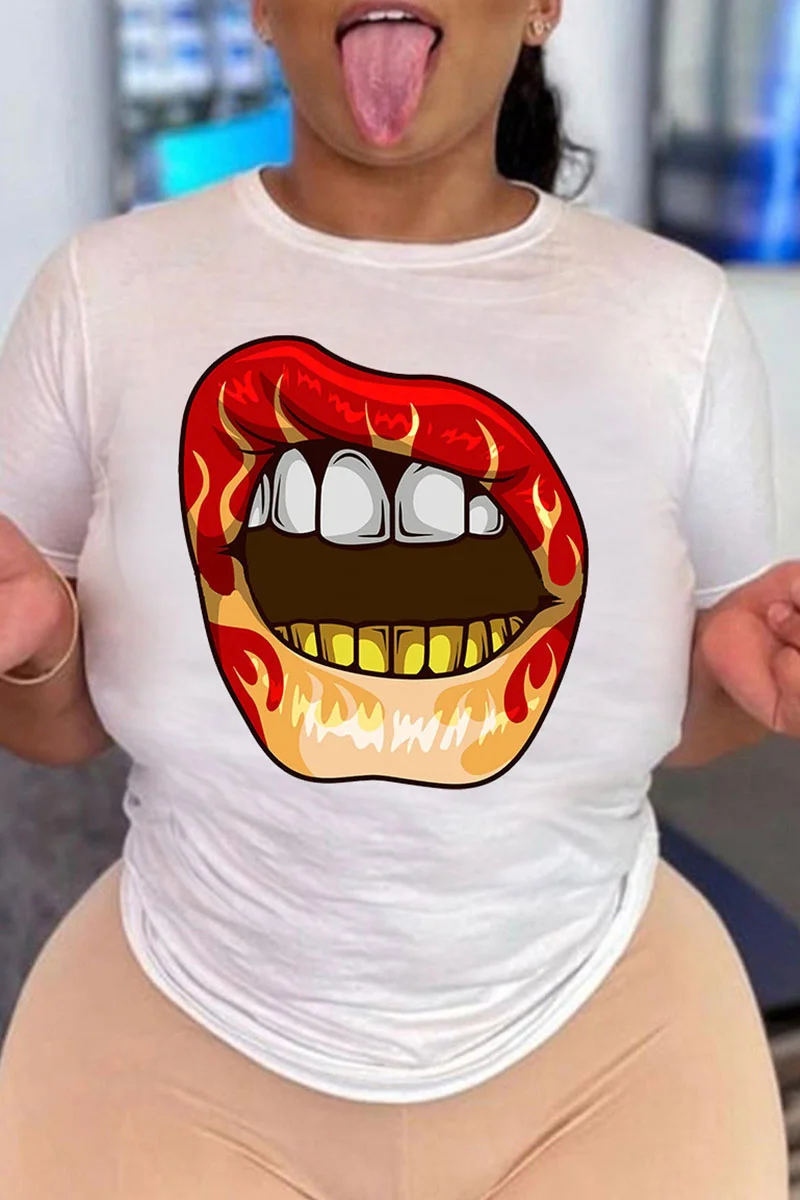 Red Yellow Fashion Casual Lips Printed Basic O Neck T-Shirts