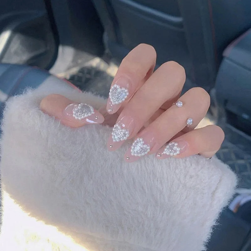 24pcs Rhinestone Design Fake Nails Shiny Bridal Women Lady party nail DIy Decorations Press On nail Tips False Nail Patch-Nail Inspo