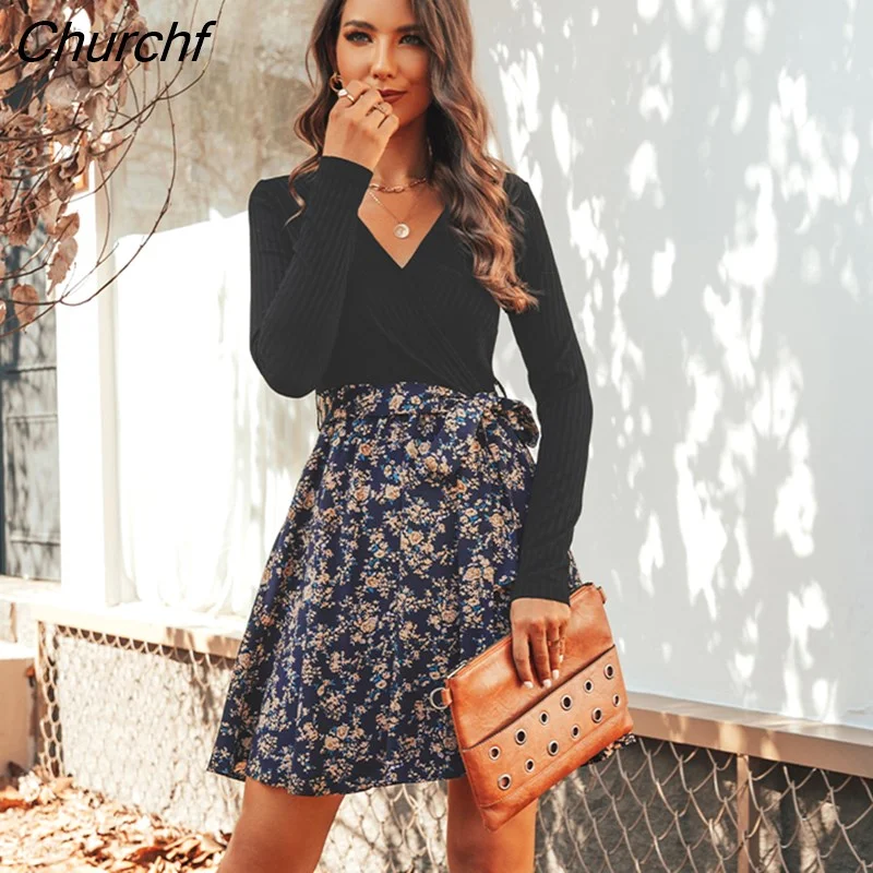 Churchf Floral A-Line Mini Dress For Women Belted Sexy V-neck Long Sleeve Party Dress 2023 Spring Autumn Female Dress