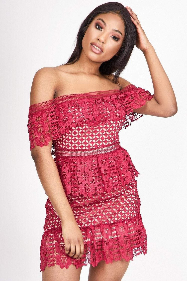Red Bardot Crochet Dress Katch Me
