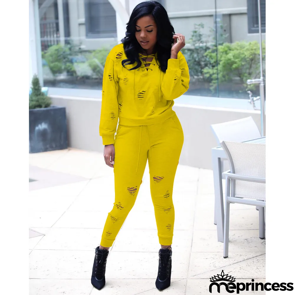 Solid Hole Long Sleeve Two Piece Pants Sets