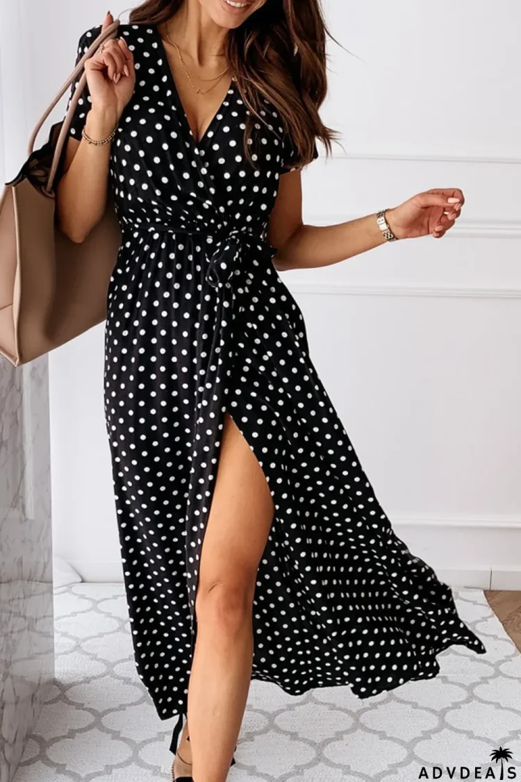 Fashion Elegant Polka Dot Frenulum Slit V Neck A Line Dresses(4 Colors)