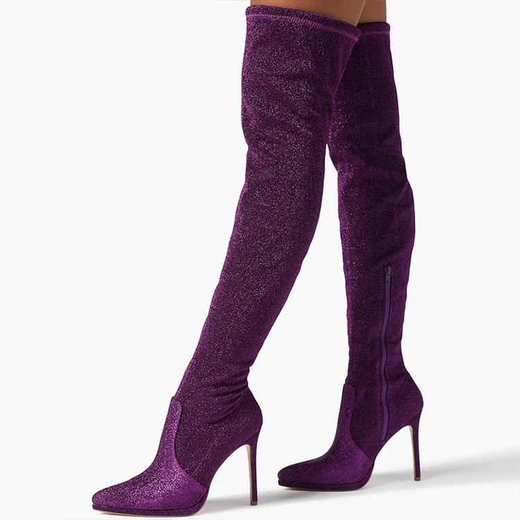 Purple Stiletto Heel Pointed Toe Thigh Boots Elegant Winter Shoes |FSJ Shoes