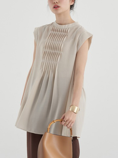 Pleated Stand Up Collar Sleeveless A-Line Loose Blouses