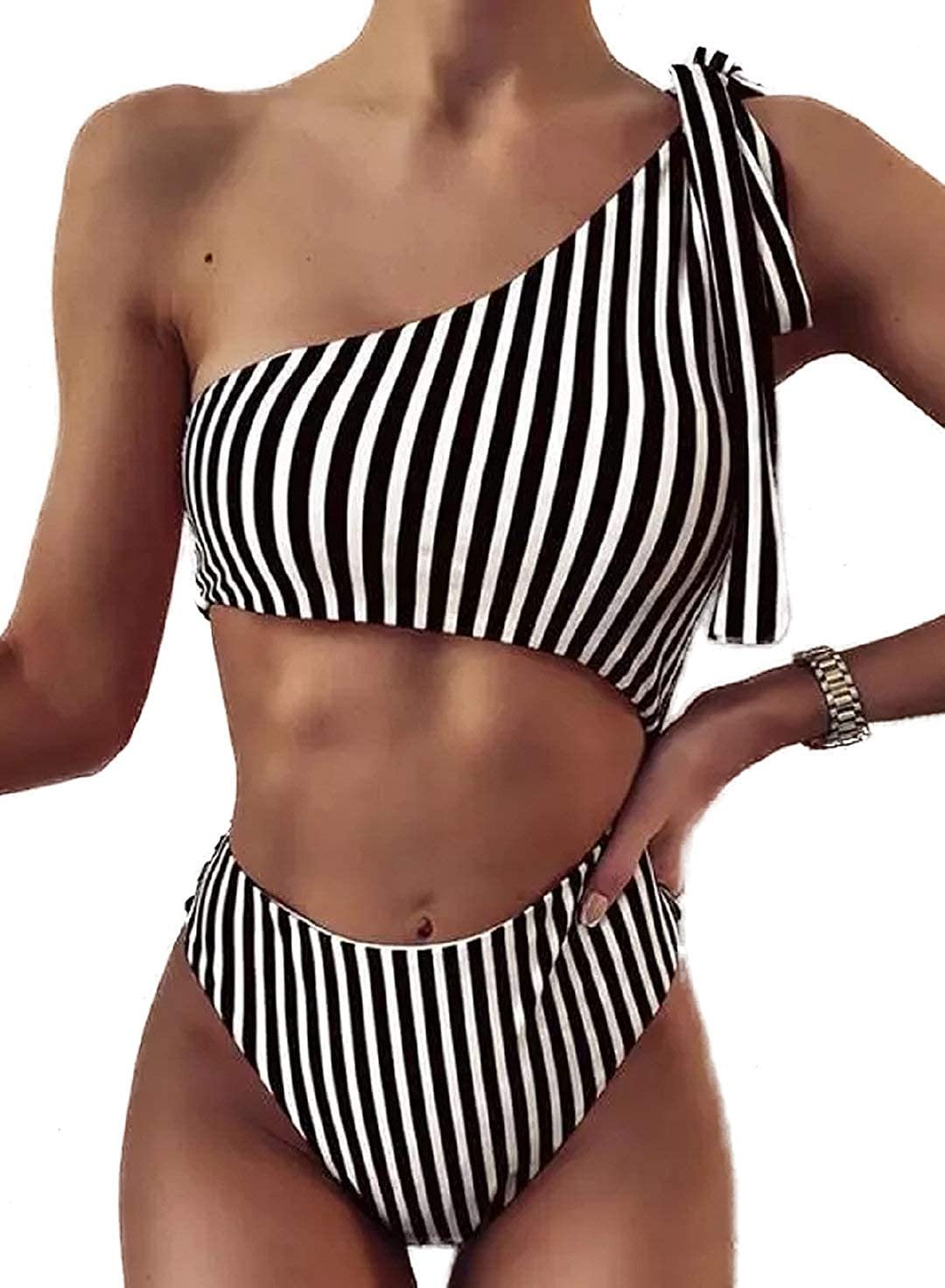 Womens Cutout One Piece Swimsuit Striped One Shoulder Monokini Swimwear