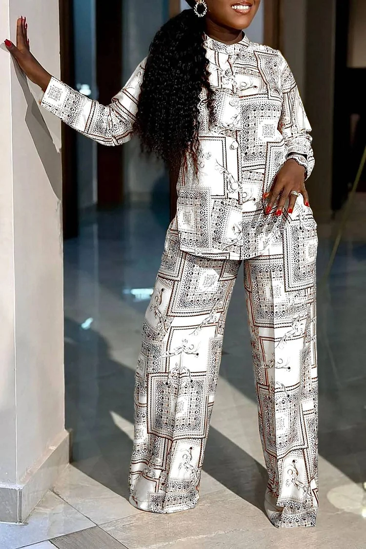 Plus Size Semi Formal Pant Set White Pattern Print Button Wide Leg Two Piece Pant Set [Pre-Order]