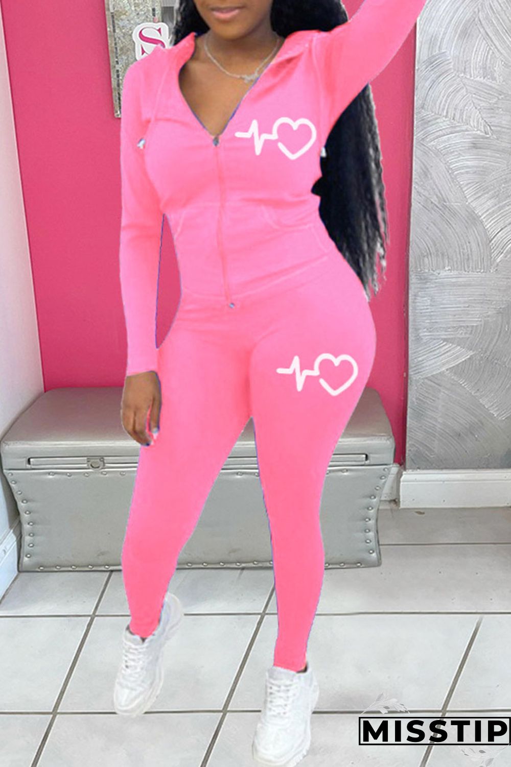 Pink Casual Print Patchwork Hooded Collar Long Sleeve Two Pieces