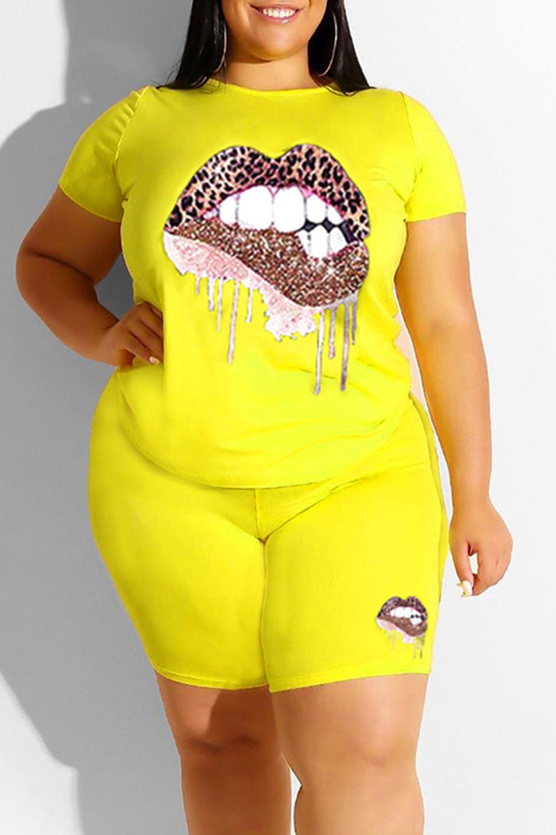 Yellow Casual Print Split Joint O Neck Short Sleeve Two Pieces