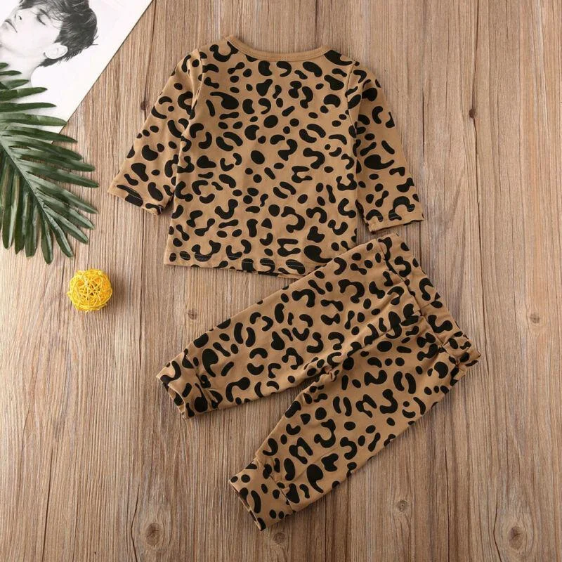 2019 Baby Summer Clothing Leopard Infant Baby Girl Boy Long Sleeve Clothes Button Tops Leggings Pants 2Pcs Outfit 0-18M