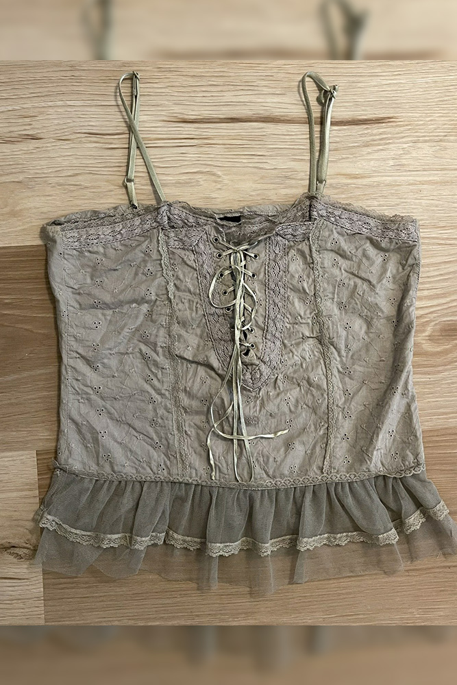 Eyelet Lace Cross Ribbon Mesh Hem Retro Cami Tank Top