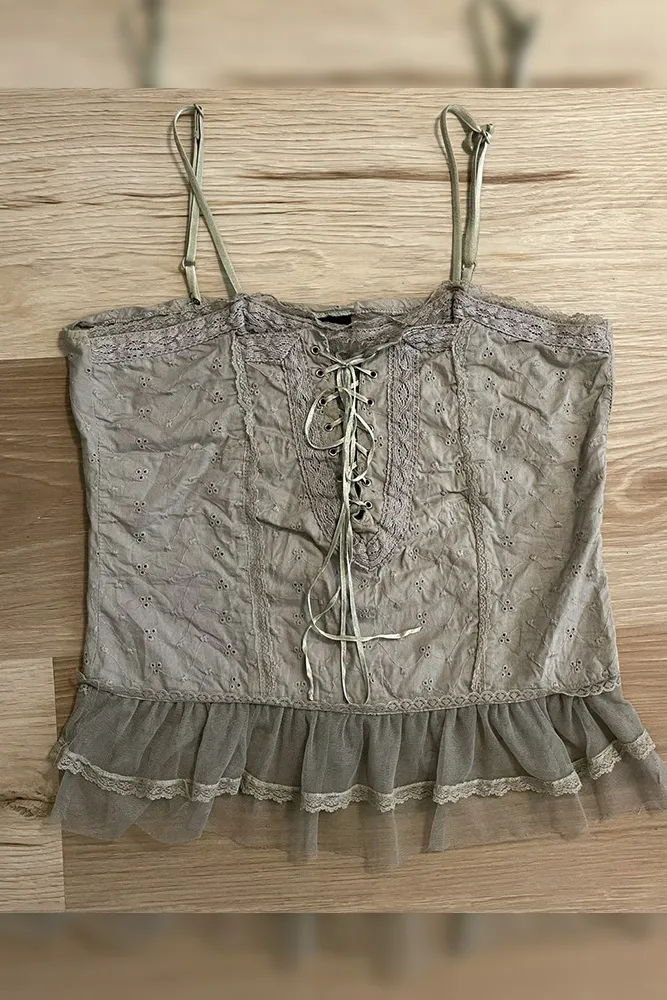 Eyelet Lace Cross Ribbon Mesh Hem Retro Cami Tank Top