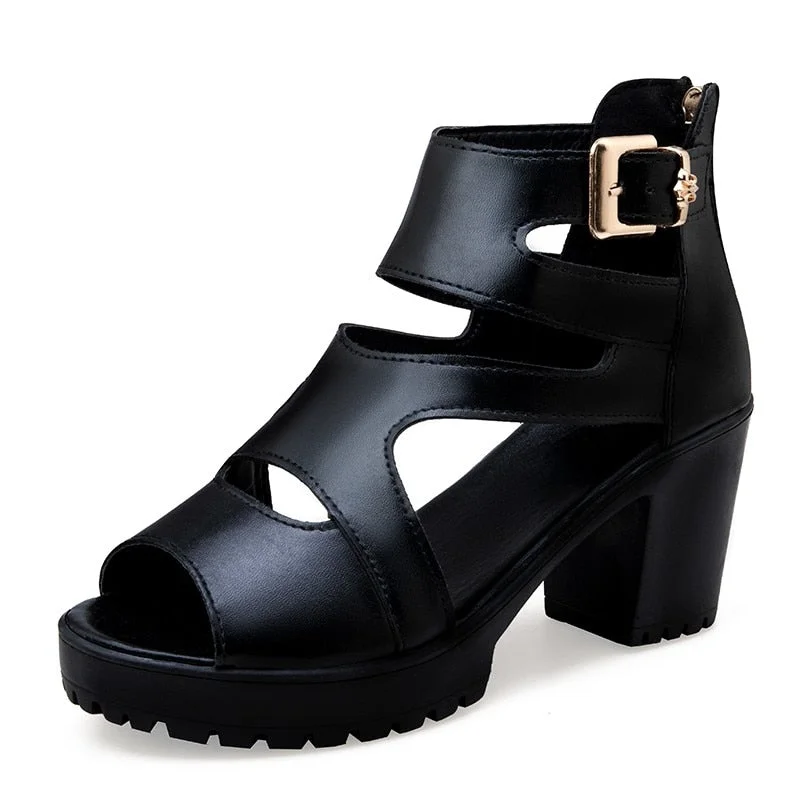 2021 Women Sandals Soft Leather PU High Squre Heel Sandals Black Thick Platform Shoes Female Open Toe Party wedding Shoes