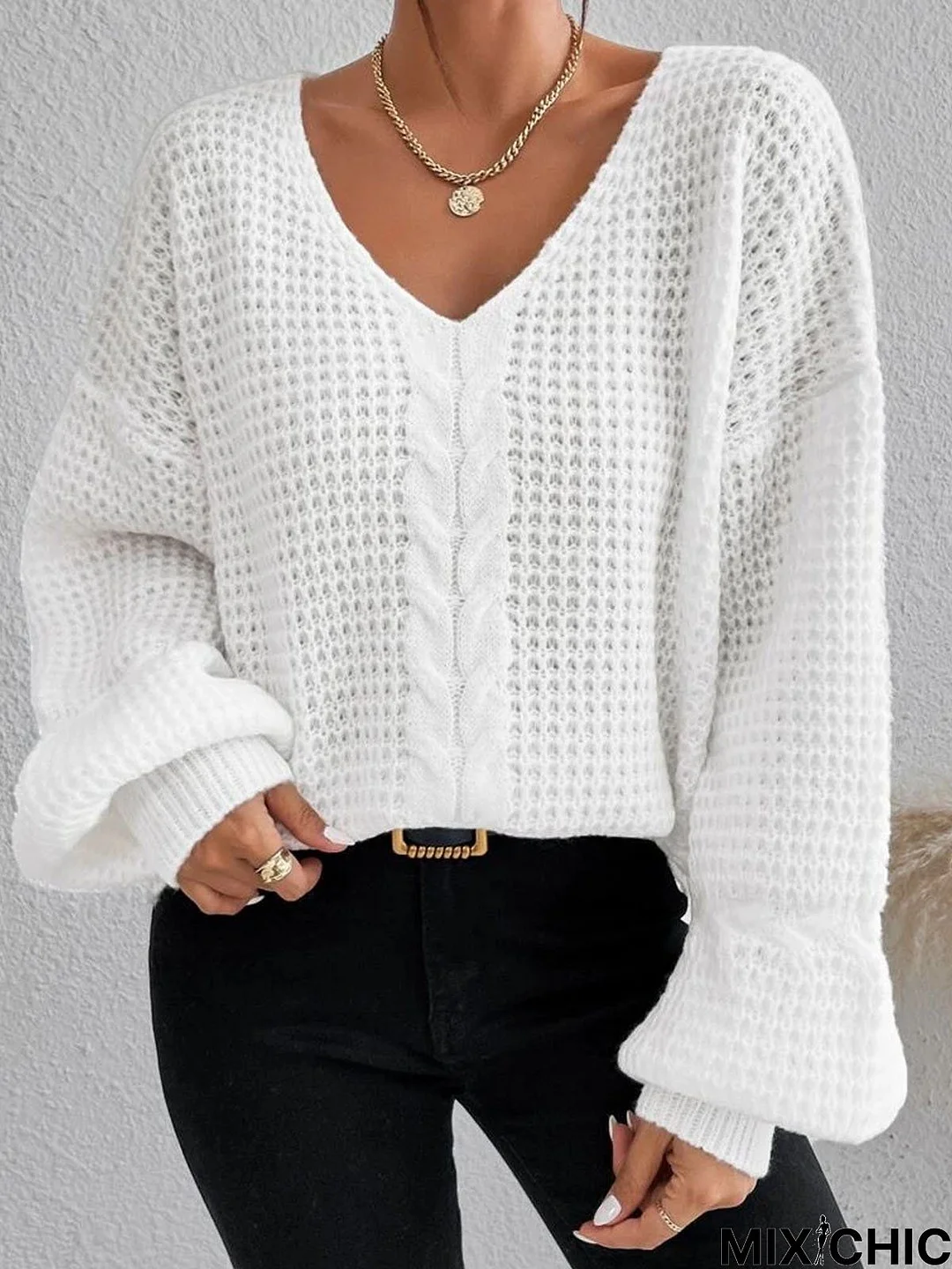 Casual Plain Texture Yarn/Wool Yarn V Neck Sweater