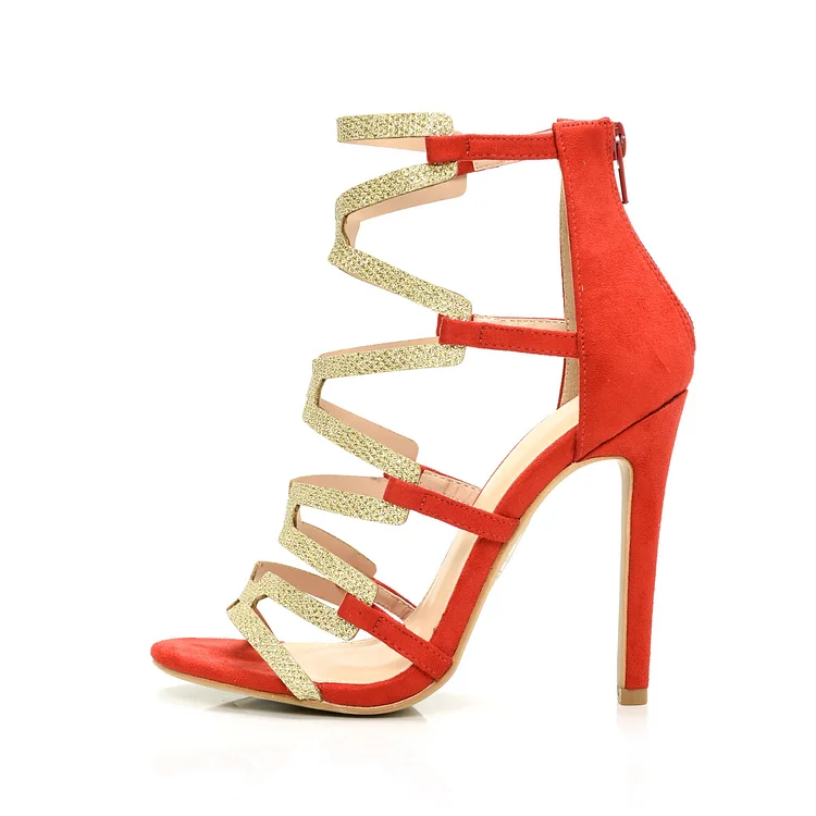 Red Gladiator Sandals Gold Glitter Open Toe Stiletto Heel Sandals |FSJ Shoes