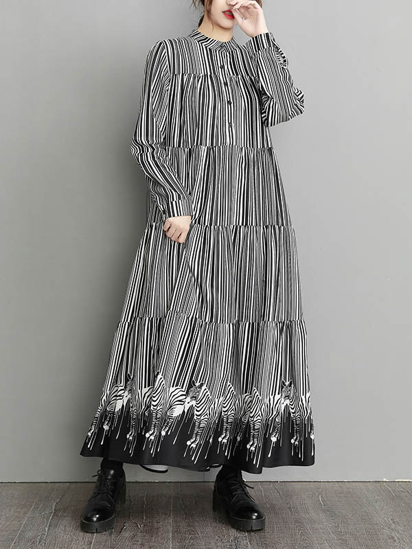 Original Creation Long Sleeves Loose Buttoned Contrast Color Stand Collar Midi Dresses
