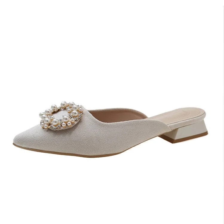 Wongn Wongn 2024 New Women's Shoes Korean Diamond Round Buckle Head Half Pointed Tip Low Heel Sandals Large Size