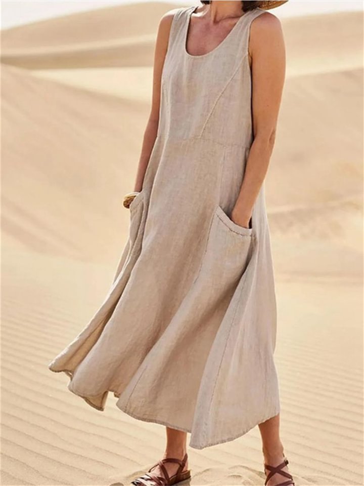 Sleeveless Women Cotton and Linen Long Dress