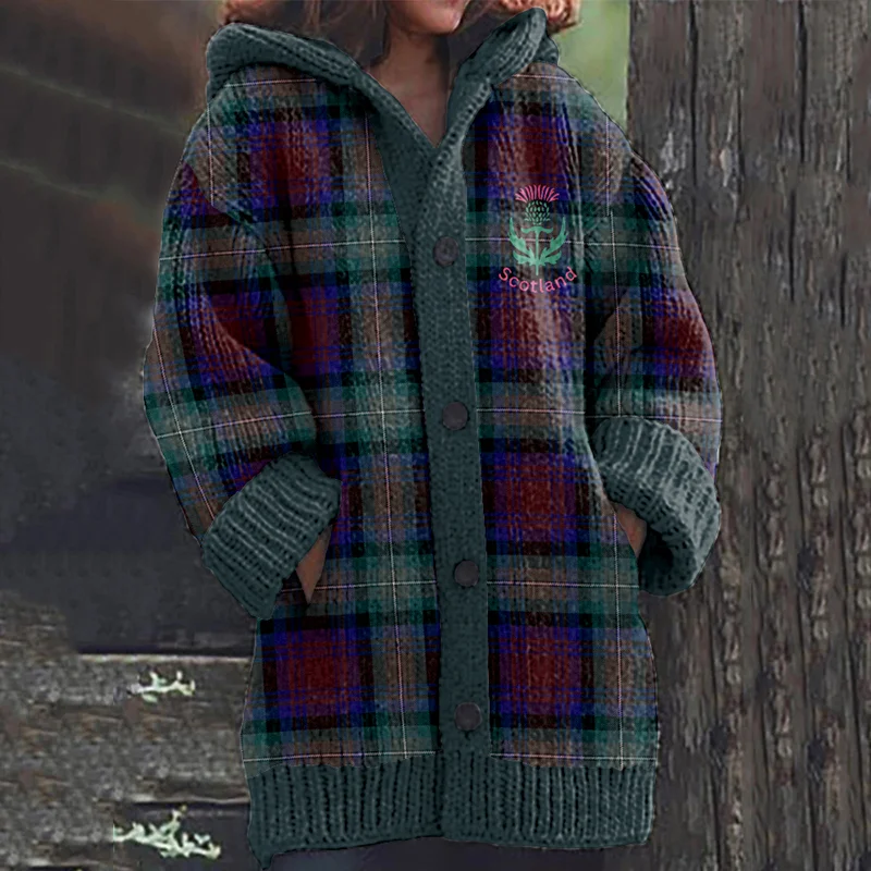 Vintage Plaid Scotland Thistle Knit Hooded Sweater Cardigan