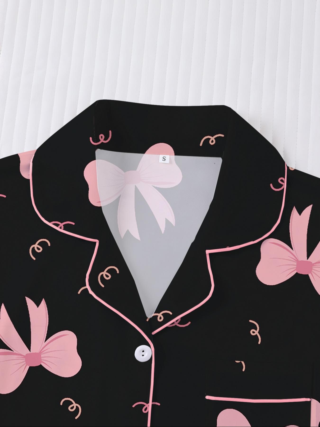Women's Valentine's Day Sleepwear Set, Bow Print Pajamas, Short Sleeve Button-Up Top & Elastic Shorts, Casual Home Wear Loungewear