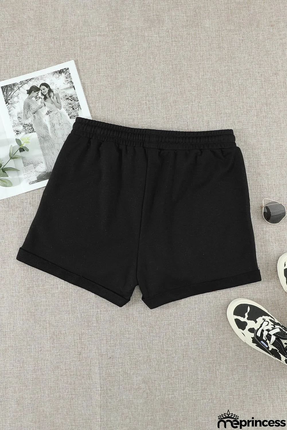 Summer Women Black Tie Waist Side Pockets Cuffed Lounge Shorts