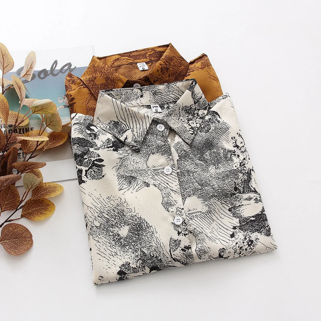 Spring New Women Vintage Ink painting Print Chiffon Blouse Full Sleeve Button Up Loose Shirt Autumn Casual BF Style Tops T11612F