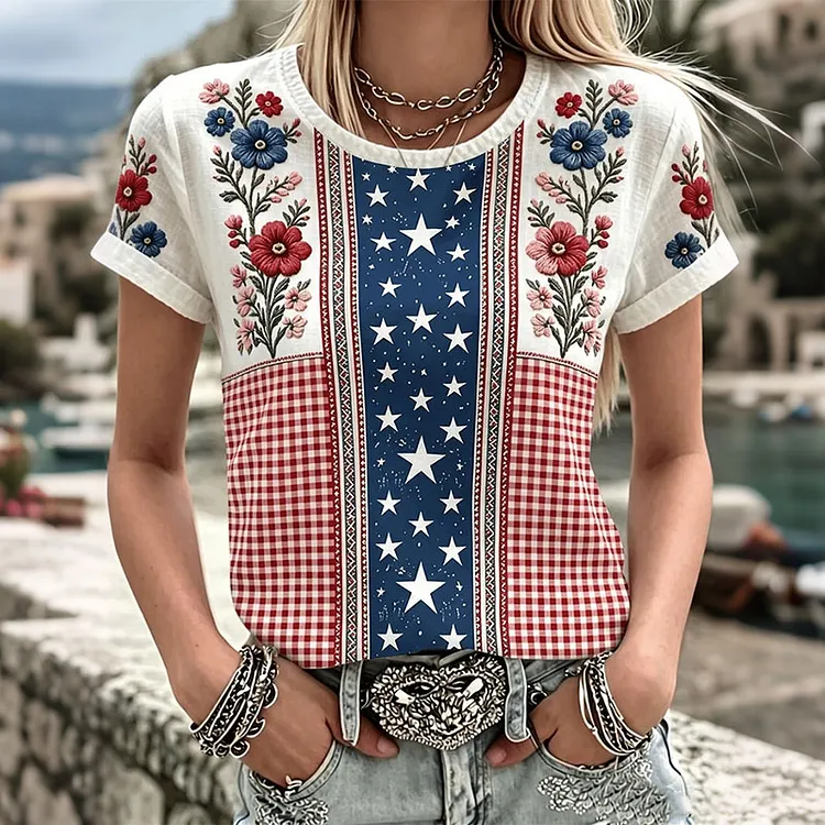 Women's Independent Floral Embroidered Patchwork Art Crew Neck Short Sleeve T-shirt