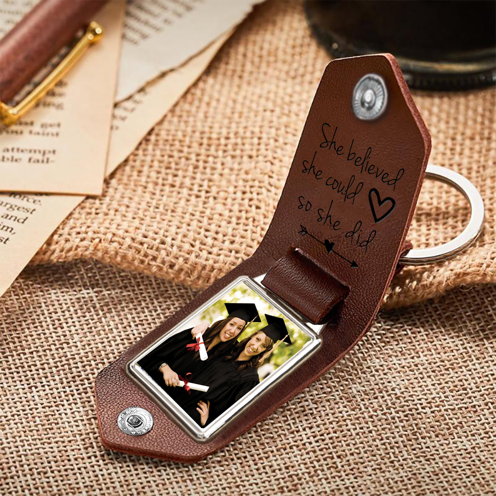 2024 Personalised Graduation Leather Keychain Custom Name & Photo Keychain Graduation Gift - She Believed She Could, So She Did-Jessemade AU