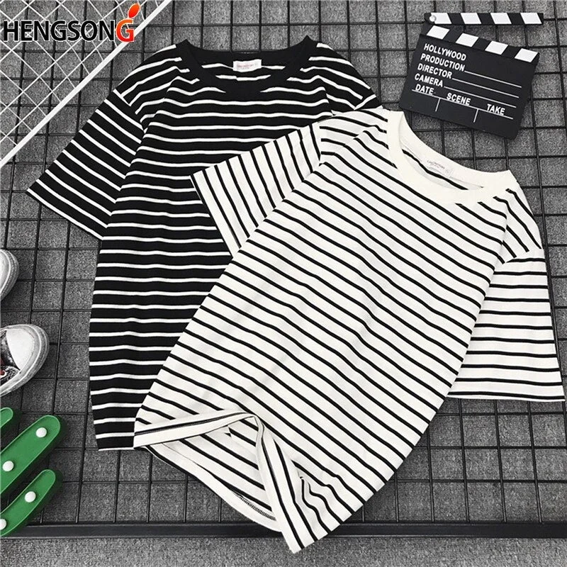Women Short Sleeve T Shirt Classic Black White Striped T-shirt Women Loose T-shirt Casual Tope Tees Harajuku Tshirt
