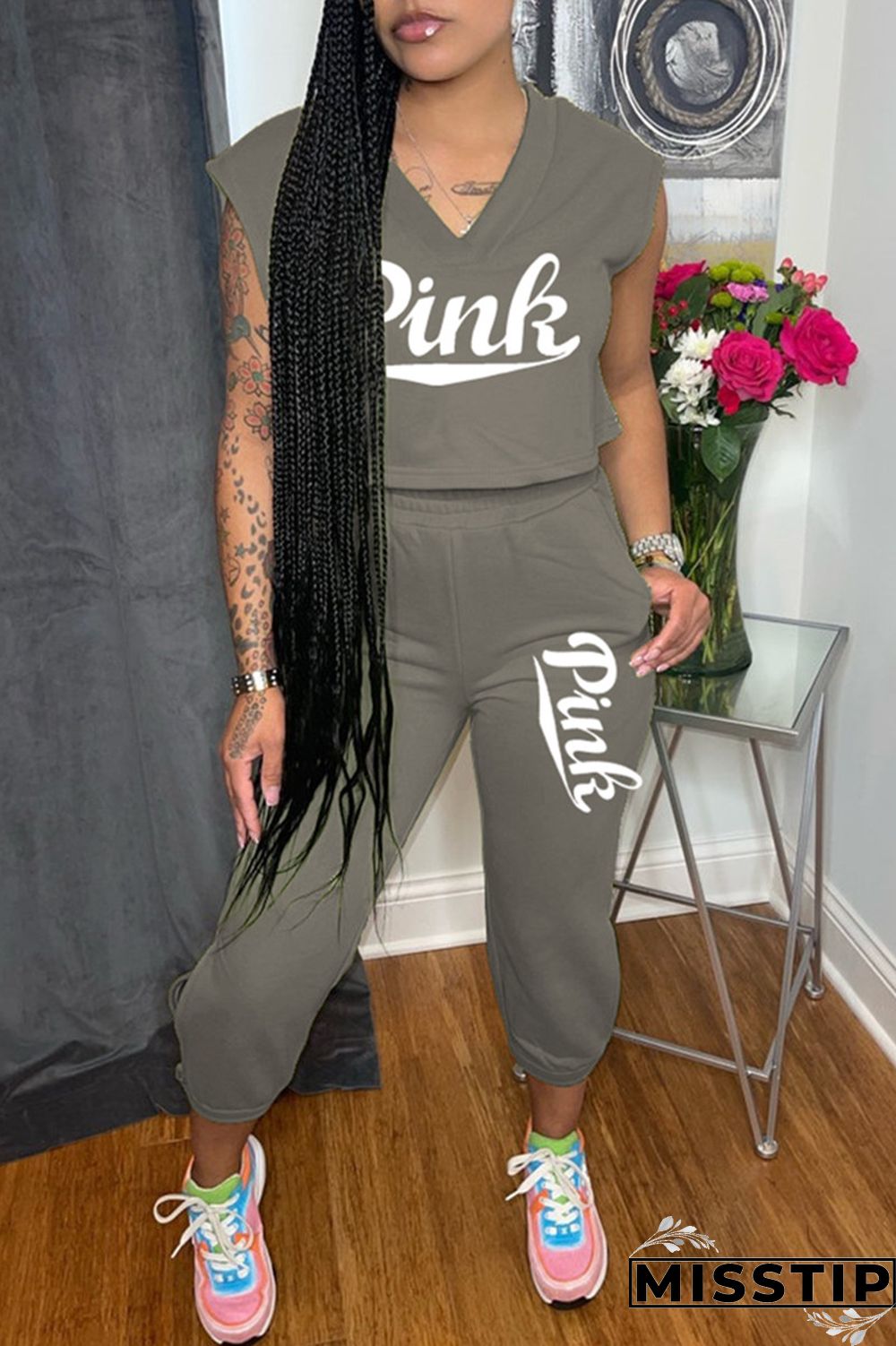 Grey Fashion Casual Letter Print Basic V Neck Sleeveless Two Pieces