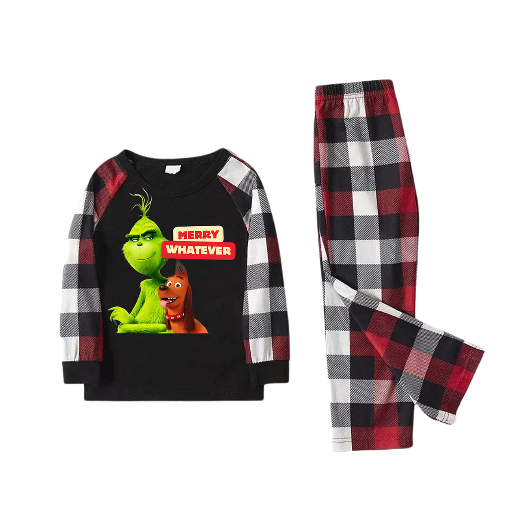 Cartoon Pattern and "Merry Whatever" Text Printed Contrast Black Top Red&Black&White Plaid Pants Family Matching Pajamas