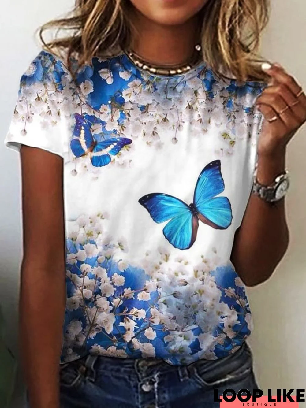 Casual Butterfly Floral Short Sleeve Loosen T-shirt