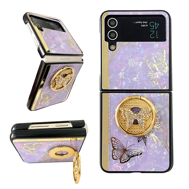 Rhinestone Butterfly Phone Case with Metal Finger Ring Bracket For Galaxy Z Flip3/Z Flip4