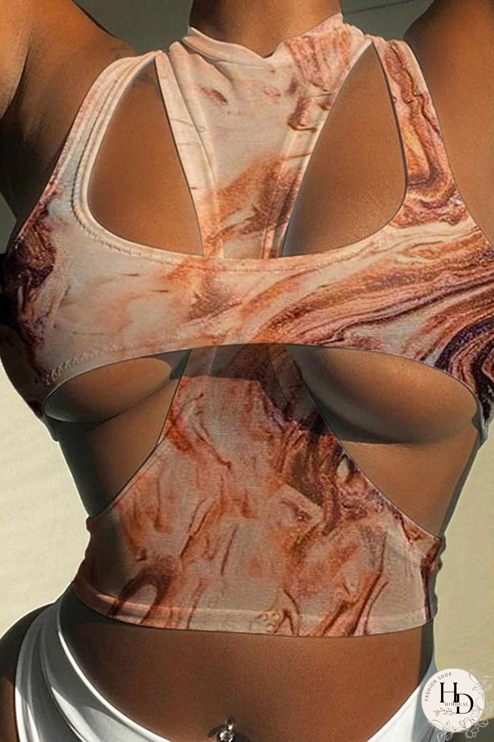 Coffee Fashion Sexy Print Hollowed Out O Neck Tops Two-piece Set