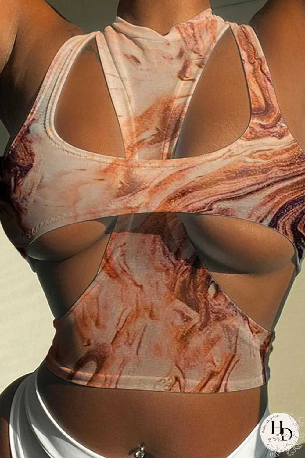 Coffee Fashion Sexy Print Hollowed Out O Neck Tops Two-piece Set