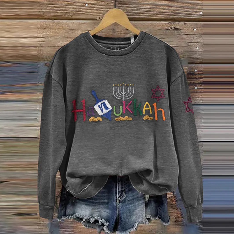 Women's Hanukkah Embroidered Crew Neck Sweatshirt