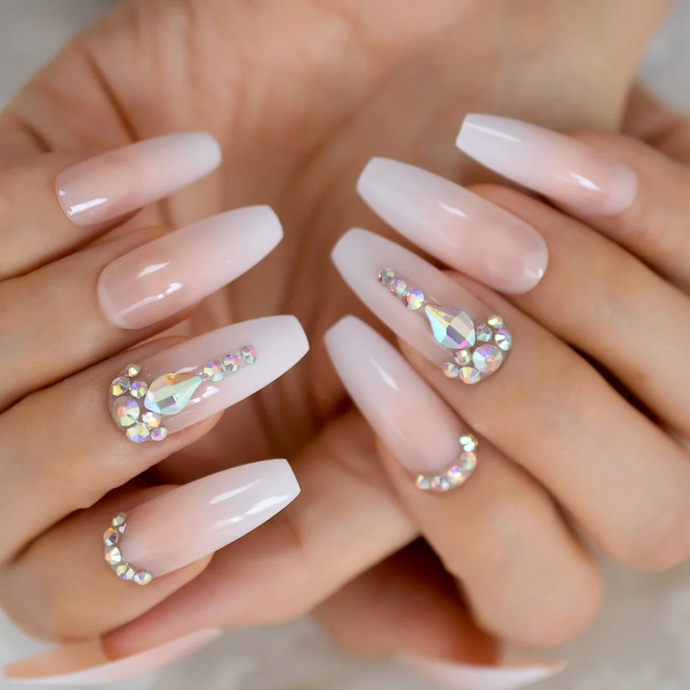 Luxury AB Stone Faux Ongles Rhinestones Decorative Extra Long Square Fake Nails Gegoues Designed Manicure Tips Nude Color-Nail Inspo