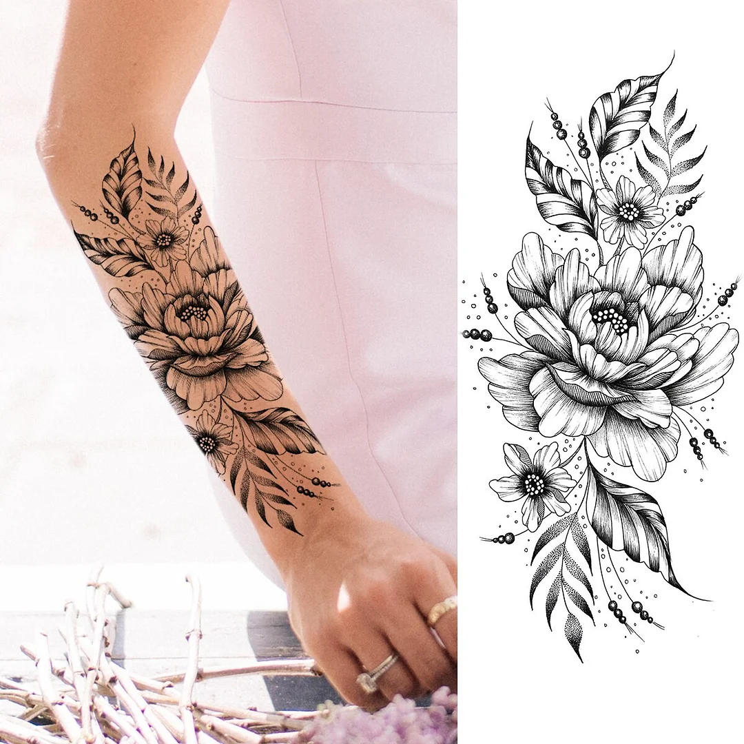Sdrawing Peony Flower Moon Temporary Tattoos For Women Adult Rose Daisy Crown Fake Tattoo Fashion Washable Half Sleeve Tatoos