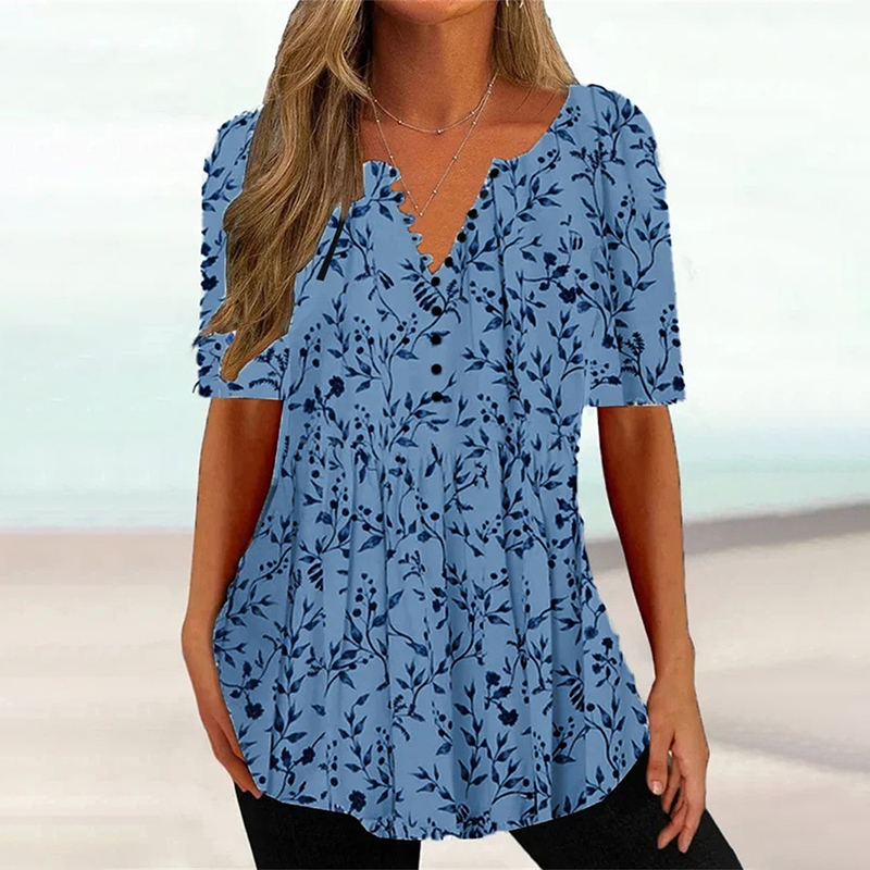 Floral Print V Neck Button Loose Blouse wearshes