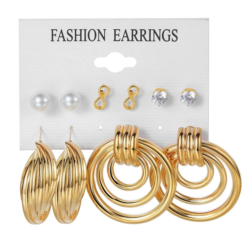 Retro Round Alloy Plating Artificial Pearls Women’s Earrings Ear Studs 6-piece Set