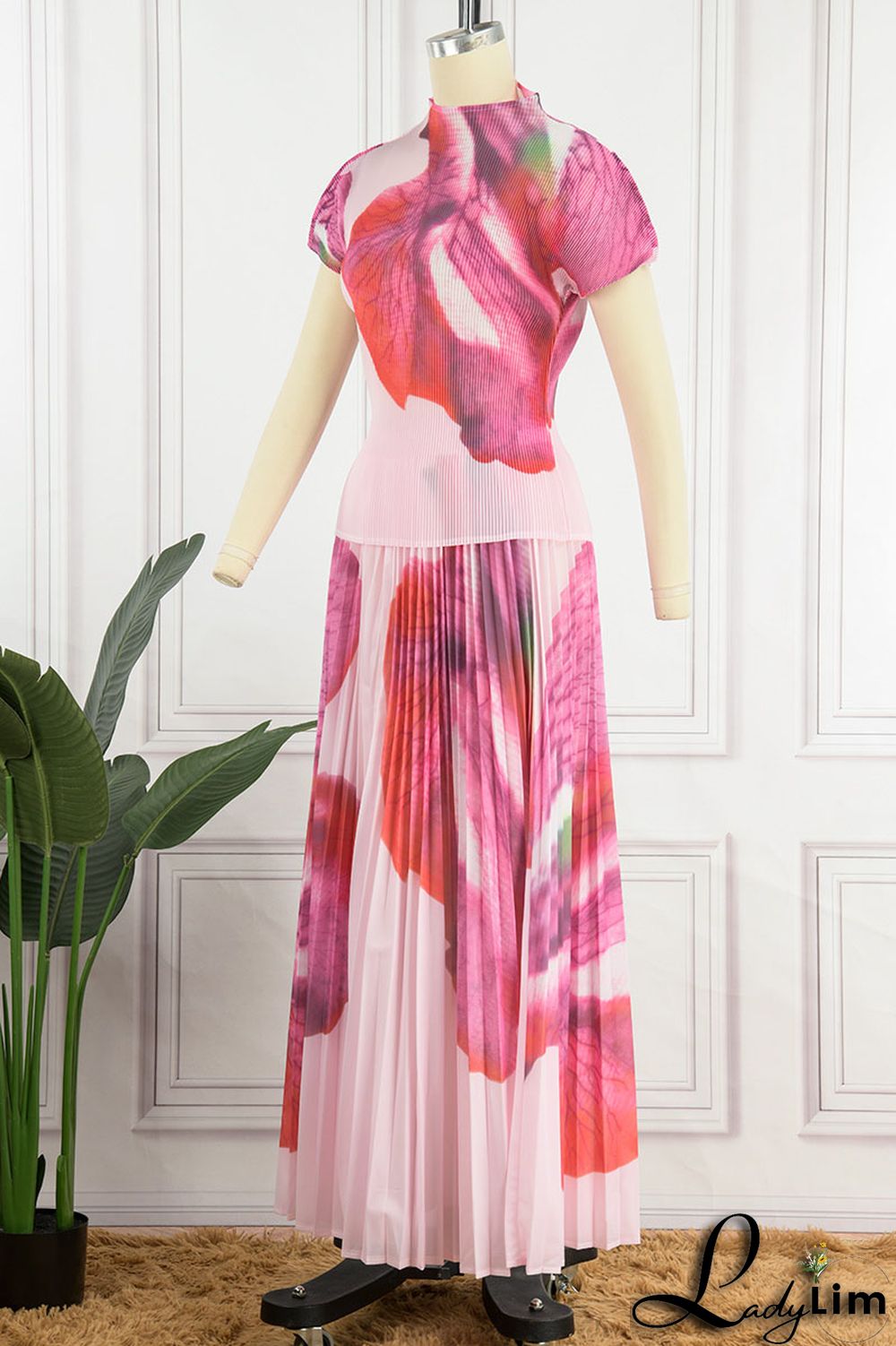 Apricot Casual Elegant Gradual Change Print Patchwork Fold O Neck Short Sleeve Two Pieces