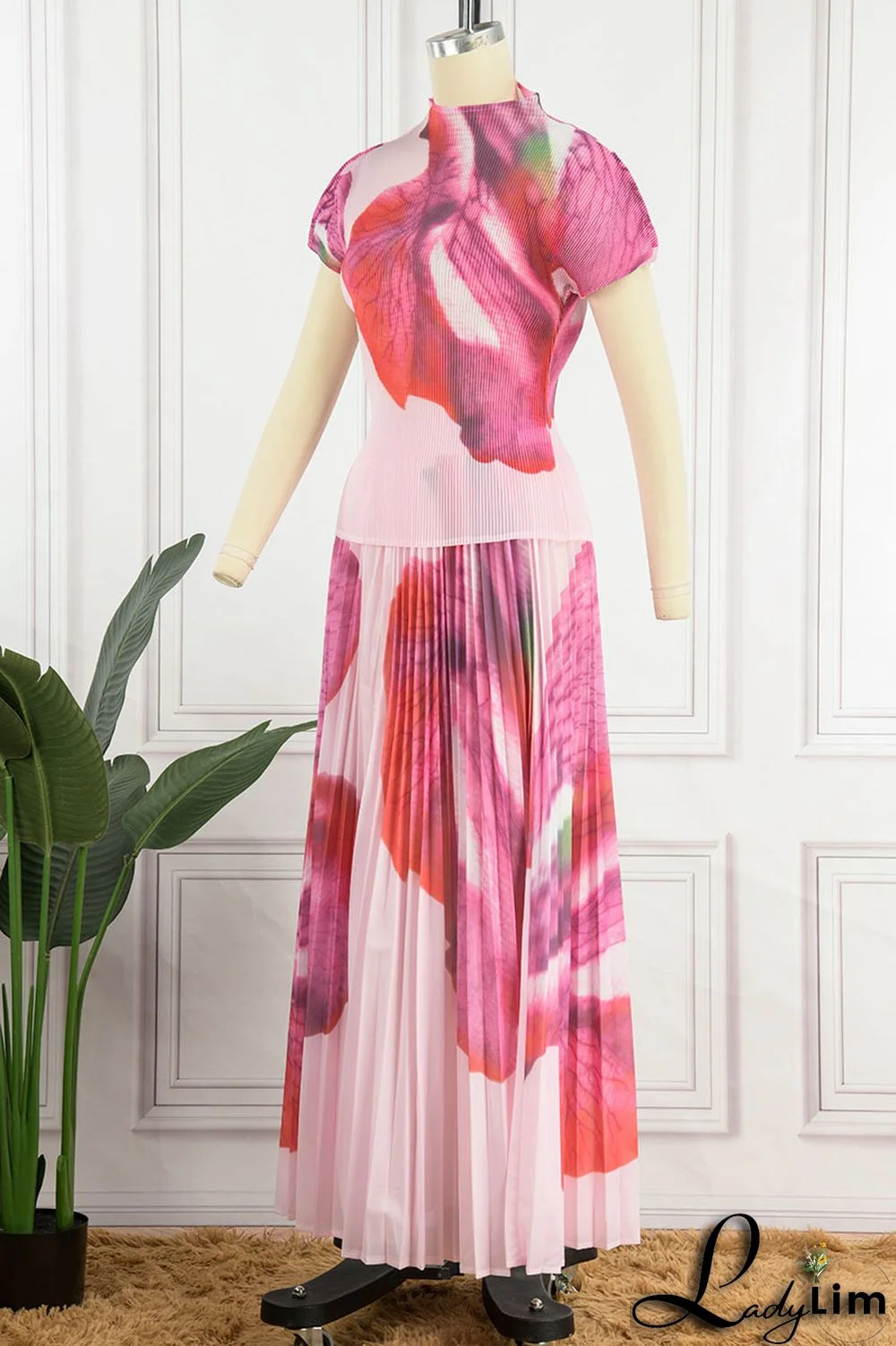 Apricot Casual Elegant Gradual Change Print Patchwork Fold O Neck Short Sleeve Two Pieces