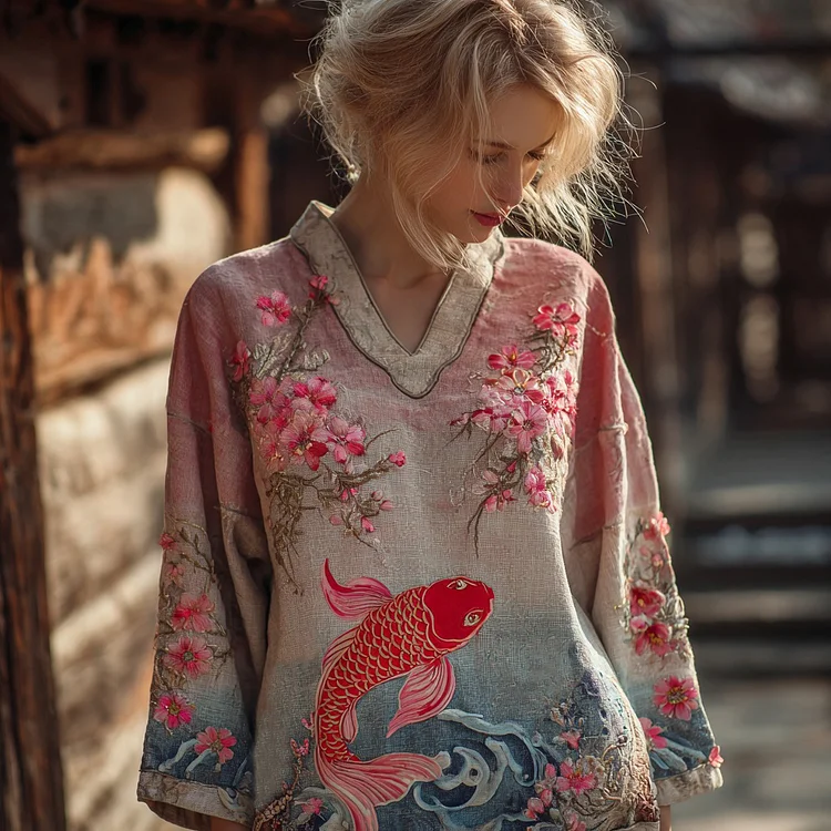 VChics Vintage Pink Koi Floral Embroidery Gradient Linen Blend Shirt