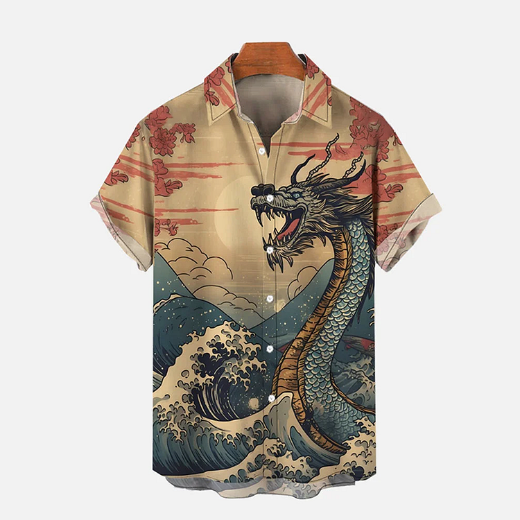 Simpfit Retro Ukiyo-e Wind Turbulente Meereswellen Dominierender Drache Druckkunst Nachahmung aus Nachahmung aus Baumwolle und Leinen Gemütliches Hemd