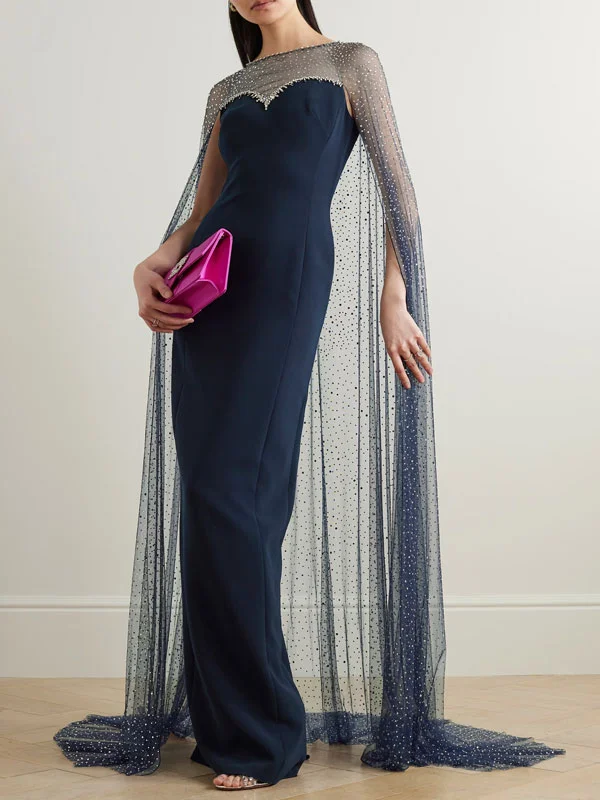 Cordelia Cape-effect Crystal-embellished Tulle and Stretch-crepe Gown