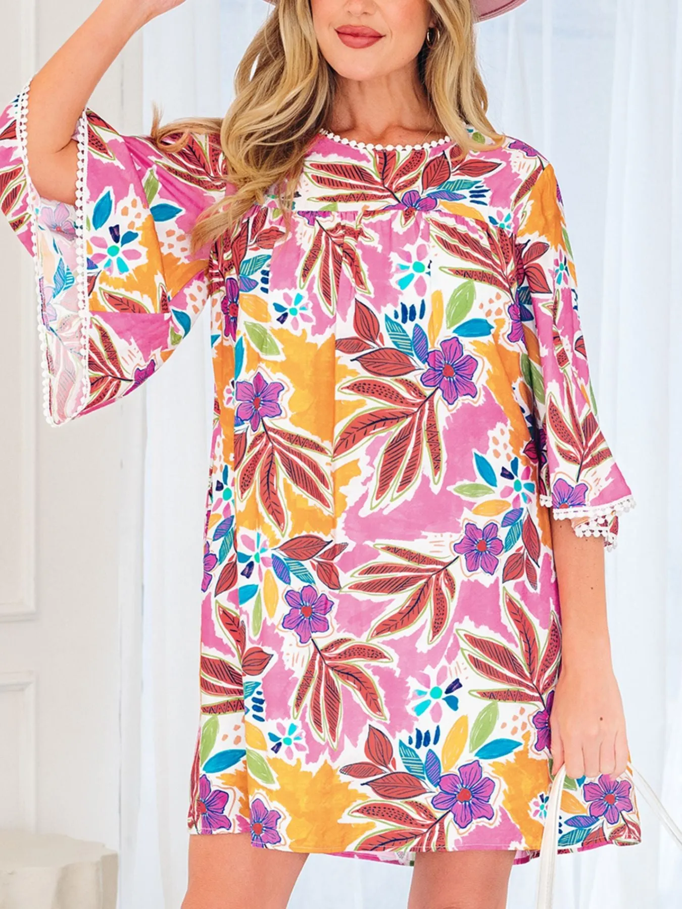 Floral Print Lace Trimmed Tie Back Bell Sleeve Swing Mini Dress mysite idetrend