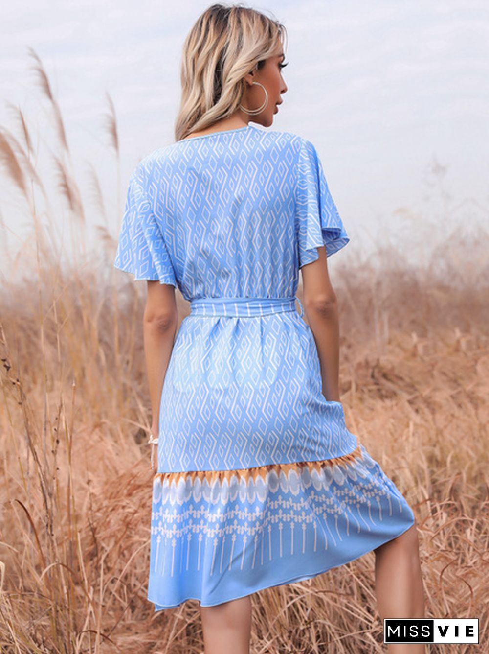 Tribal Print Flutter Sleeve Tie Side Warp Dress