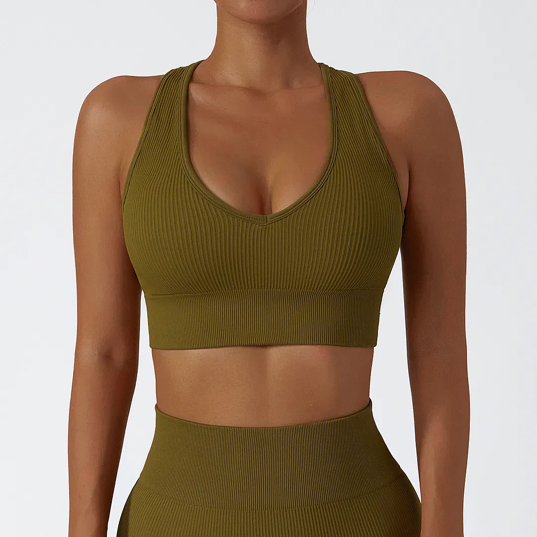 Hergymclothing Olive high impact low u neck sexy racerback running workout push-up sports bra online shopping